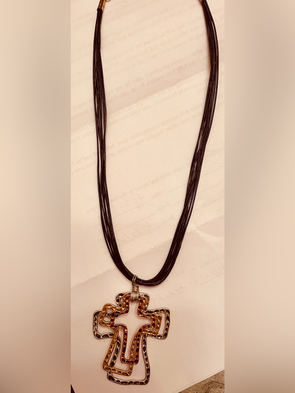 Vintage Gold/bronze/silver triple Cross Pendant Necklace with Black Cord